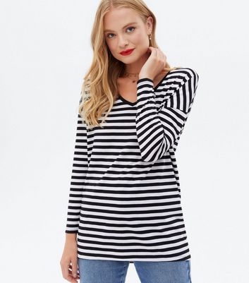 White Stripe Long Sleeve V Neck Top New Look