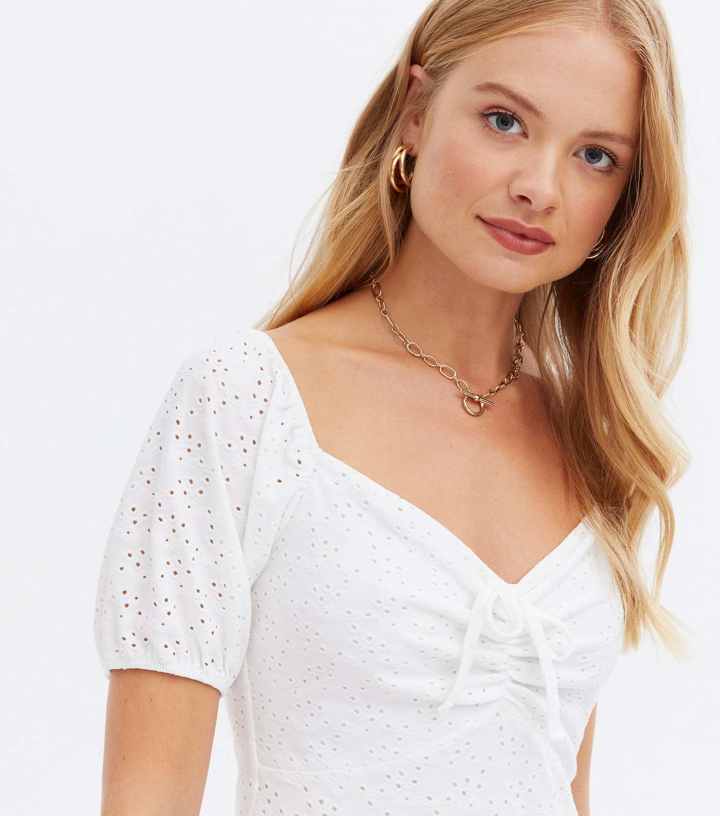 White Broderie Puff Sleeve Frill Mini Dress Image 3