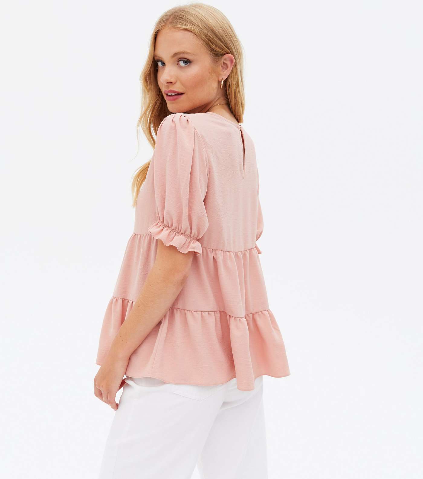Pale Pink Puff Sleeve Tiered Peplum T-Shirt Image 4