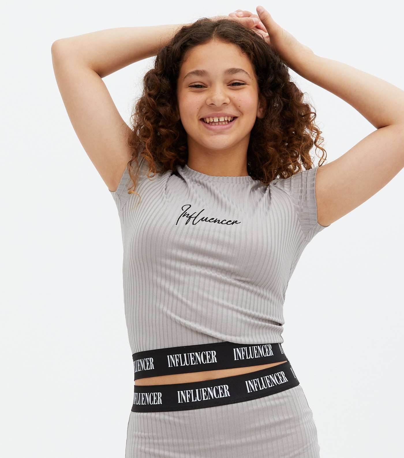 Girls Pale Grey Influencer Logo T-Shirt and Tube Skirt Set Image 2