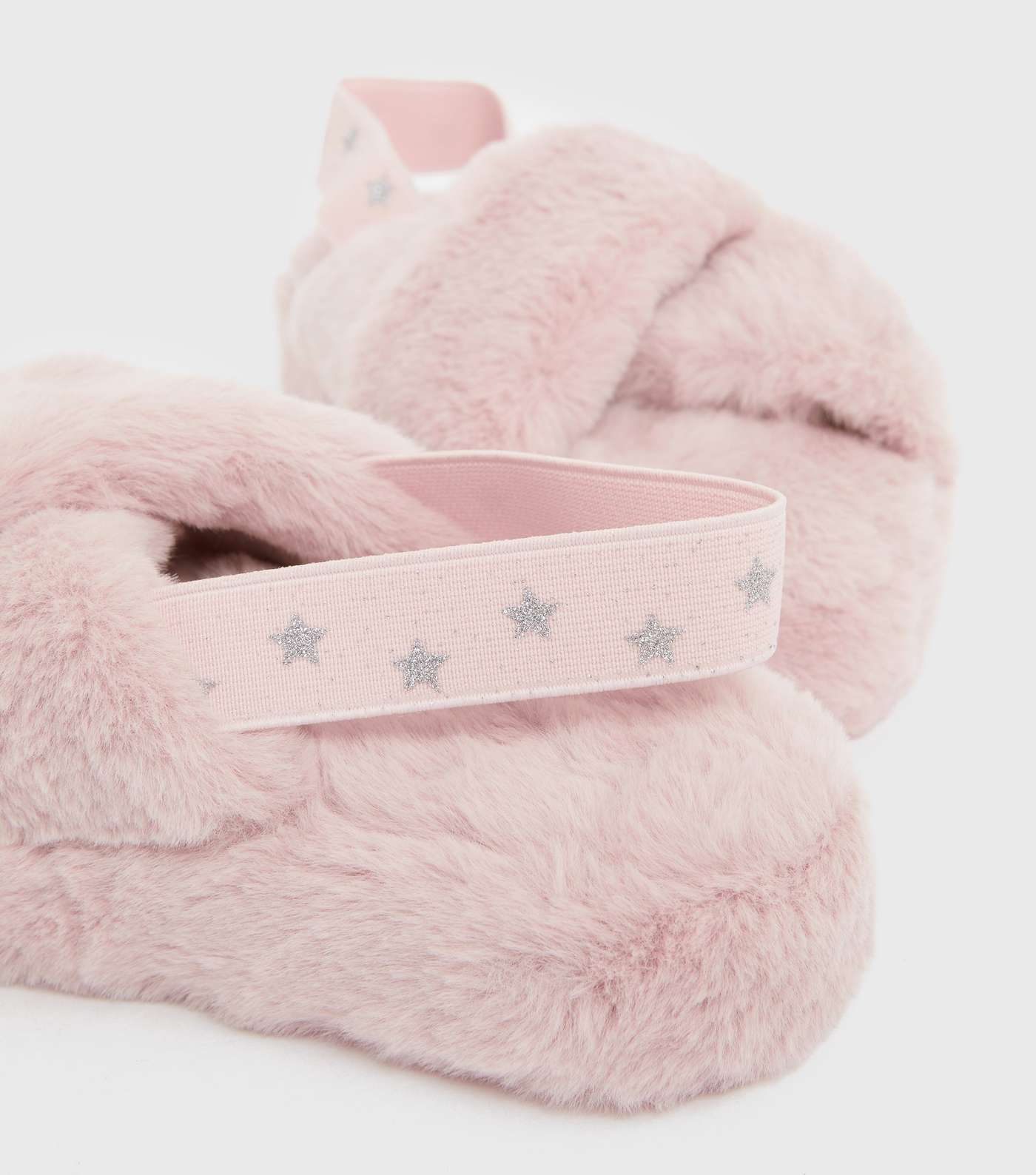 Girls Pink Star Faux Fur Chunky Slider Slippers Image 4