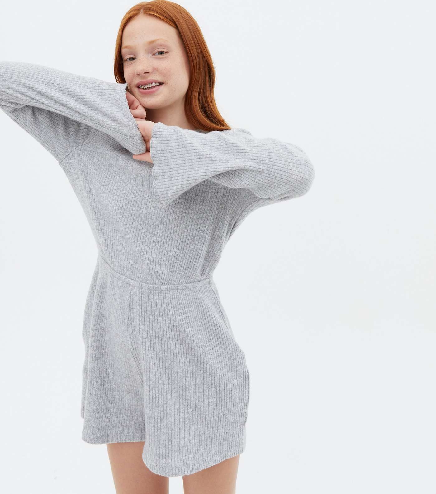 Grey Ribbed Fine Knit Long Sleeve Playsuit