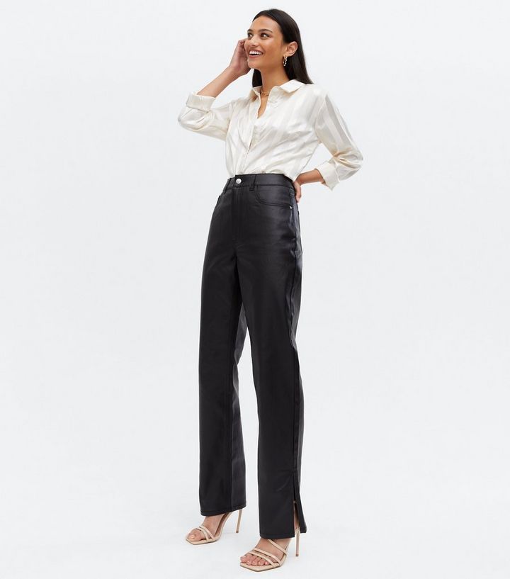 Black Leather-Look Long Split Anica Straight Leg Jeans