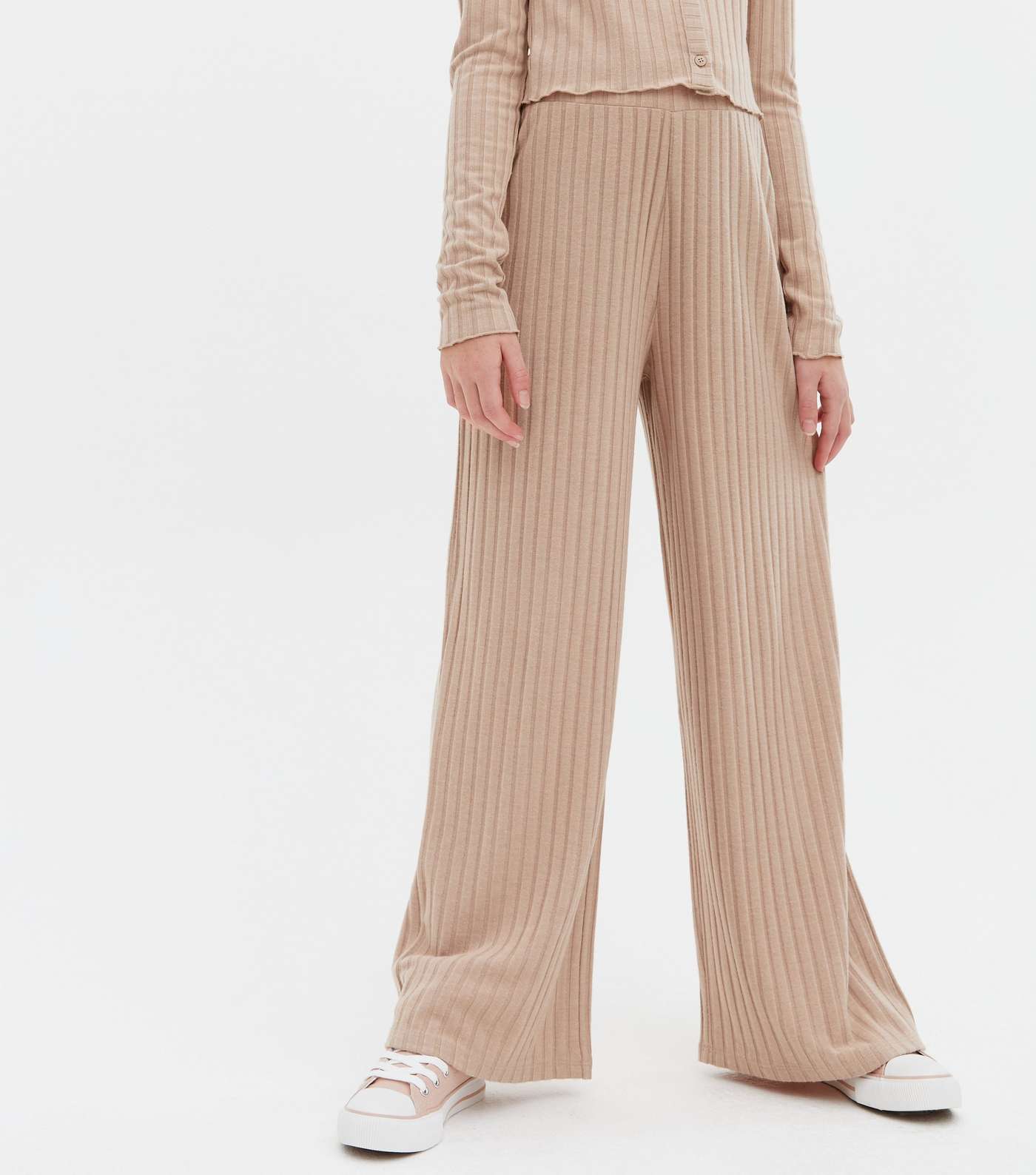 Girls Camel Ribbed Fine Knit Wide Leg Trousers Image 2