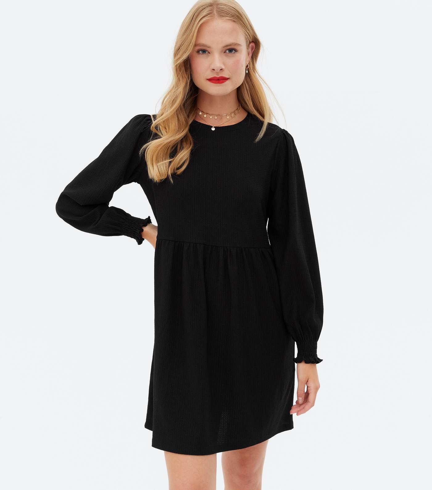 Black Crinkle Jersey Long Sleeve Mini Oversized Smock Dress