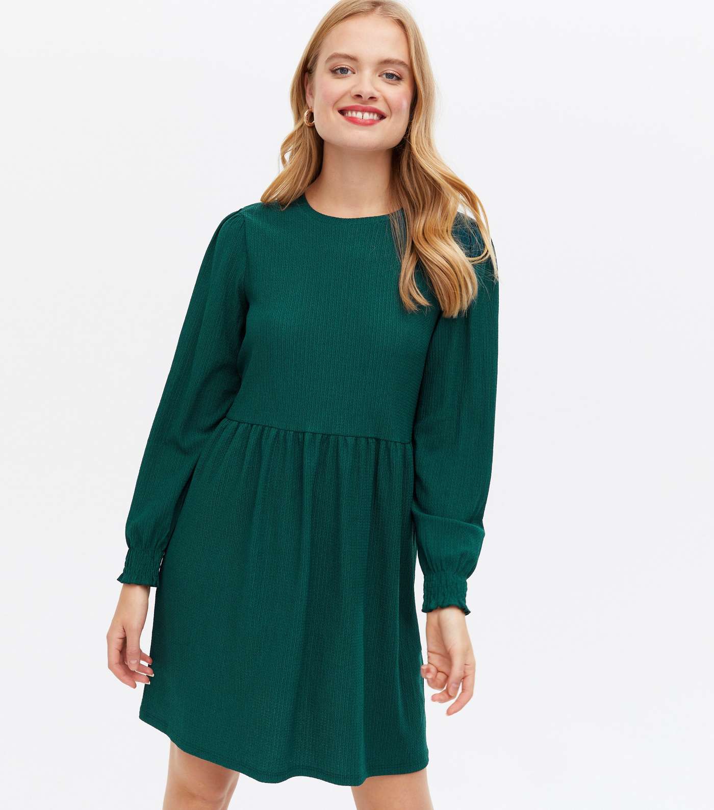 Dark Green Crinkle Jersey Long Sleeve Mini Oversized Smock Dress