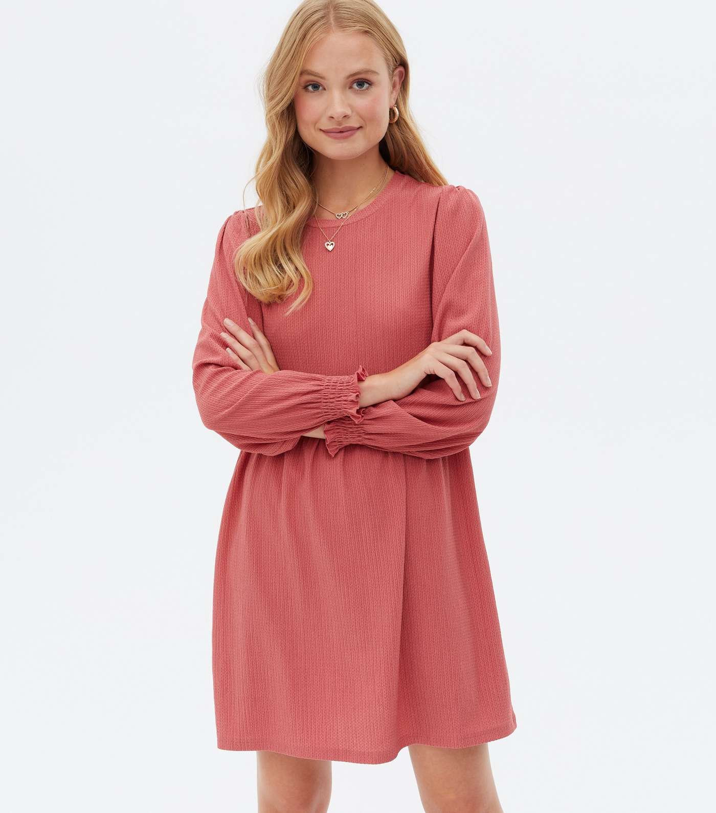 Mid Pink Crinkle Jersey Long Sleeve Mini Oversized Smock Dress