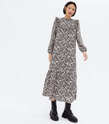 Black Ditsy Floral Yoke Frill Midi Oversized Smock Dress