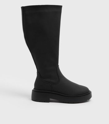 new look knee high chunky biker boot in black