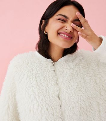 White fluffy bomber on sale jacket