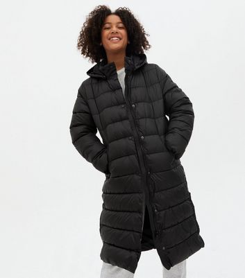 black long puffer coat with hood