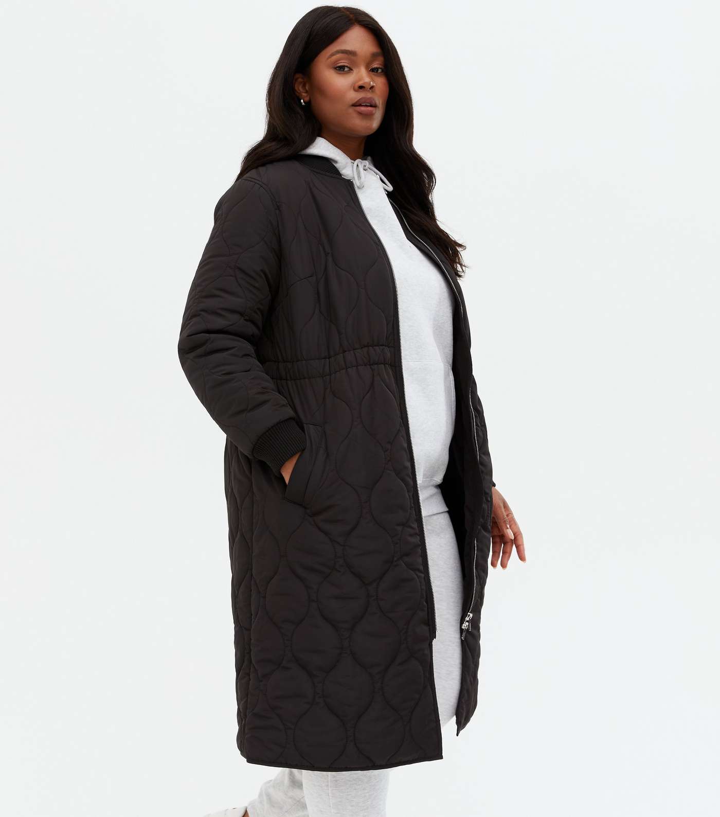 Curves Black Quilted Long Ruched Bomber Jacket