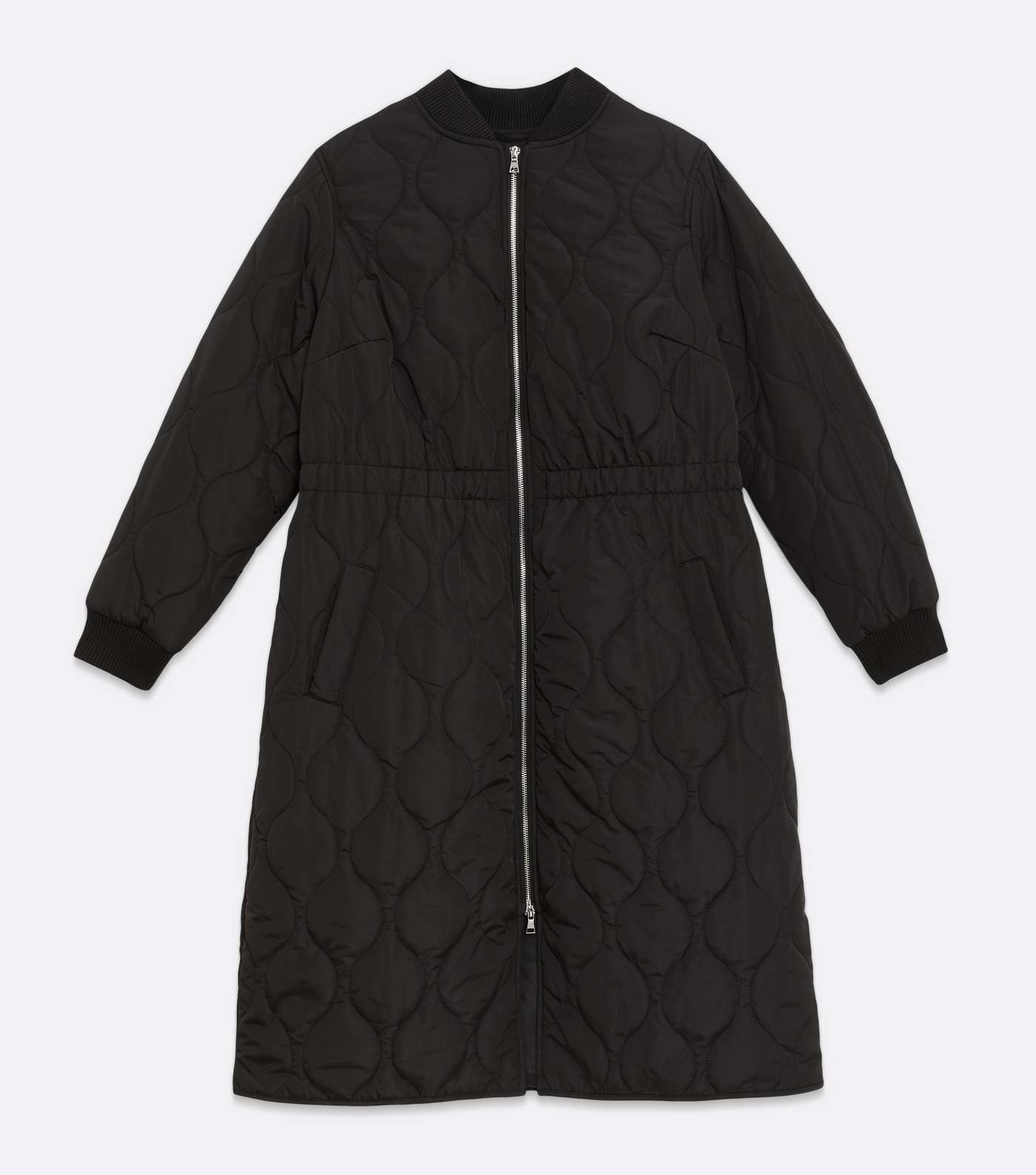 Curves Black Quilted Long Ruched Bomber Jacket Image 5