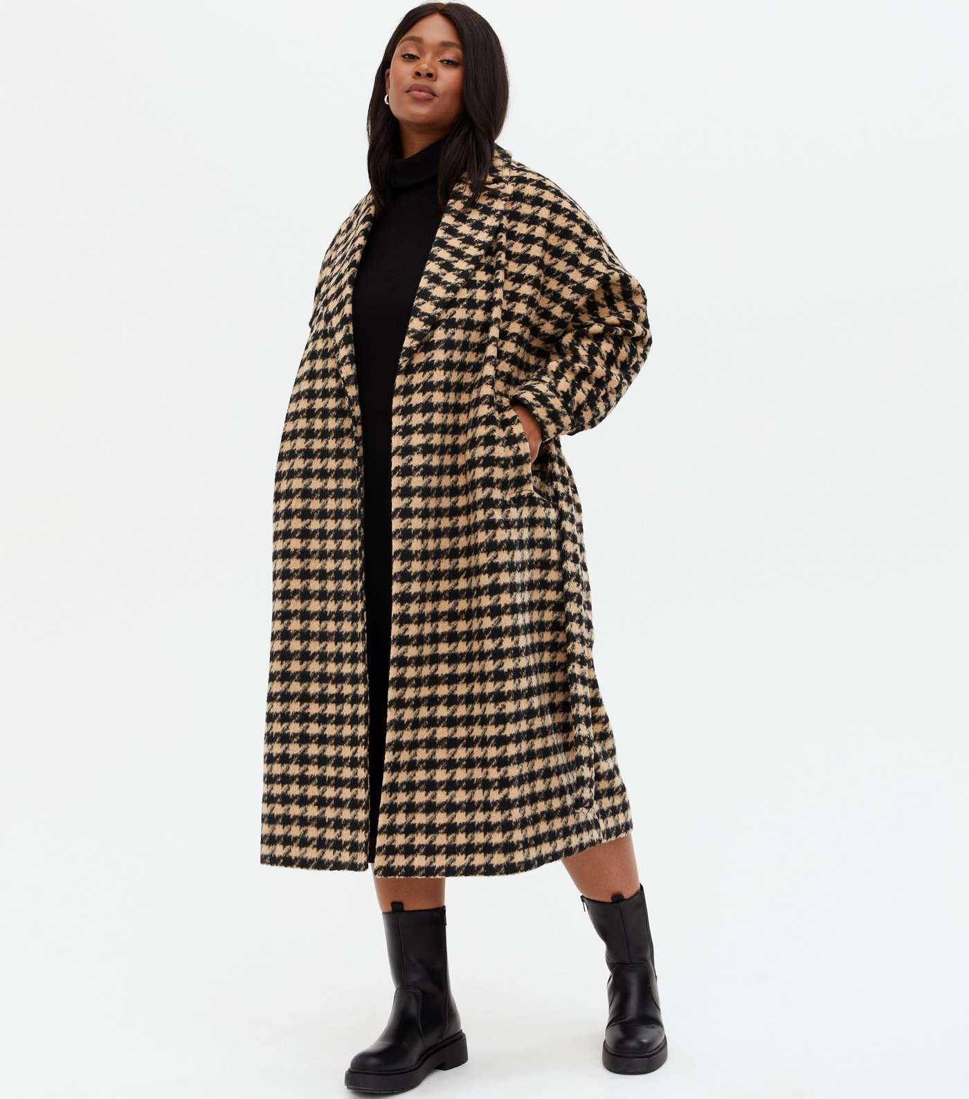 Curves Brown Dogtooth Long Belted Coat