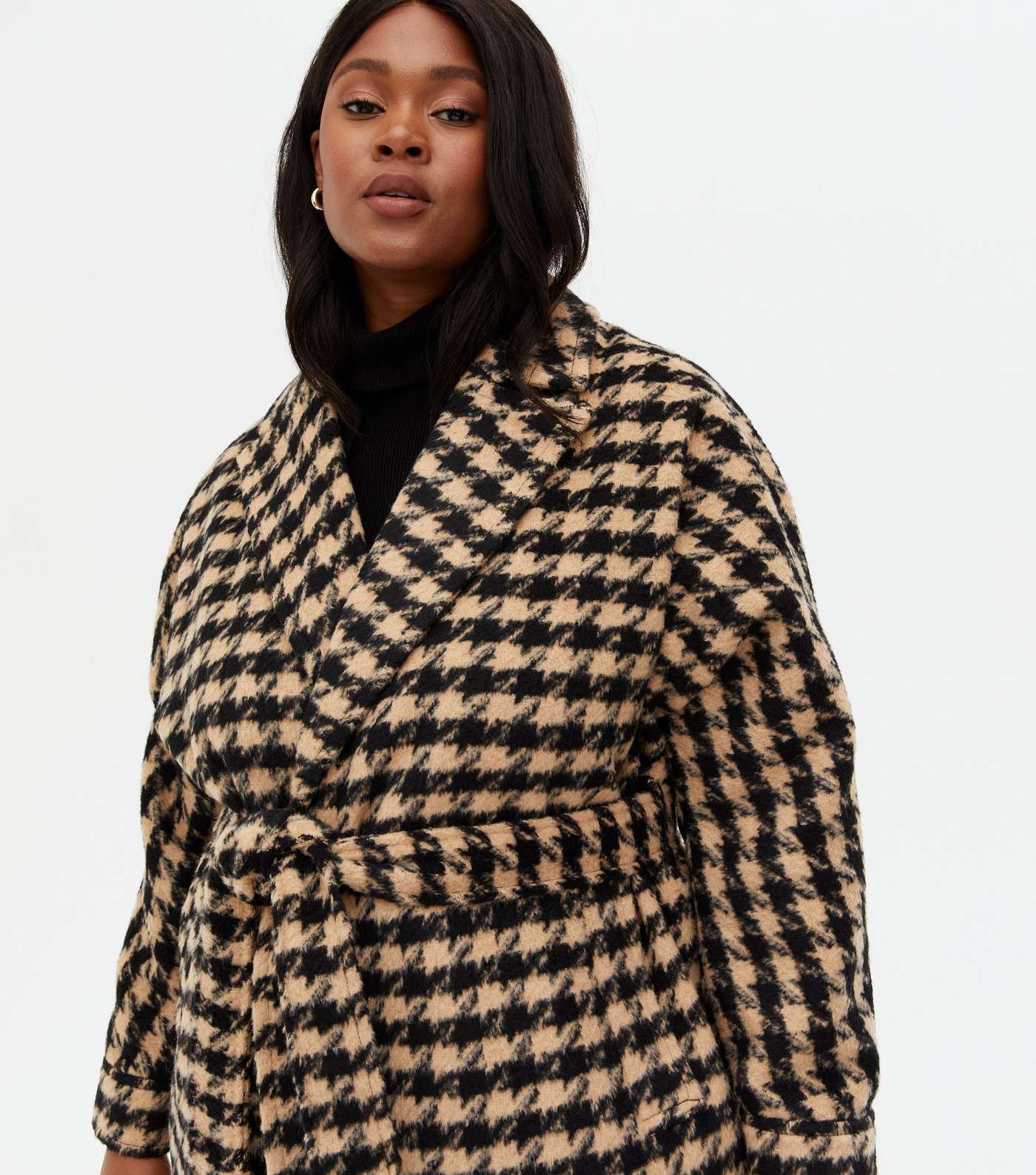 Curves Brown Dogtooth Long Belted Coat Image 3