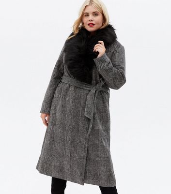 grey check faux fur trim coat