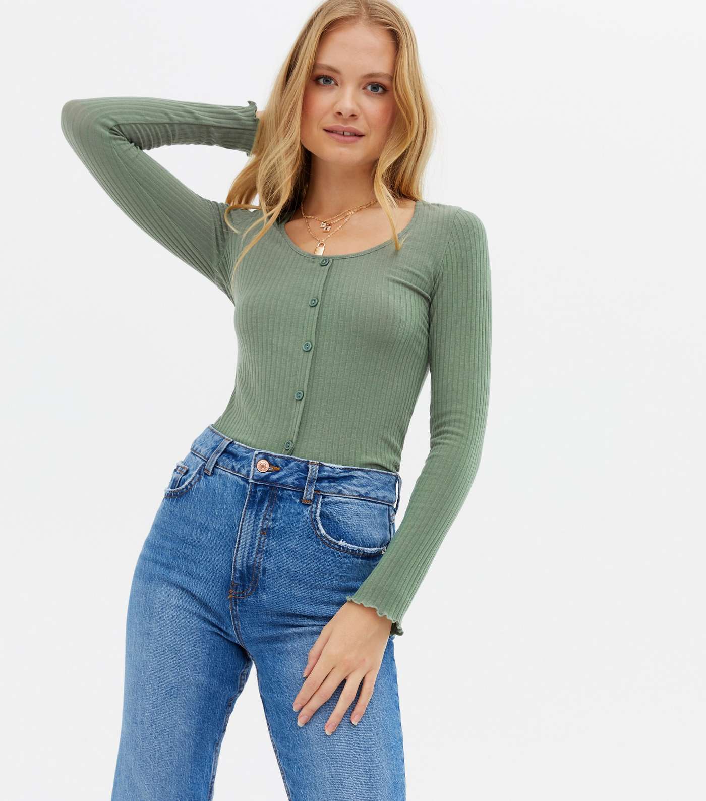 Light Green Ribbed Button Long Sleeve Top