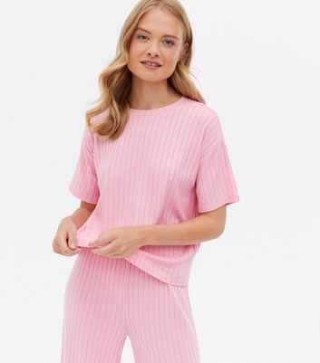 Pink Ribbed T Shirt and Trouser Pyjama Set New Look