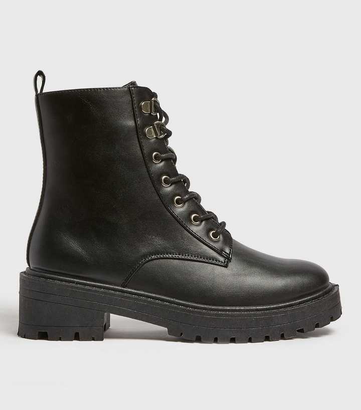 Black Leather-Look Chunky Lace Up Boots