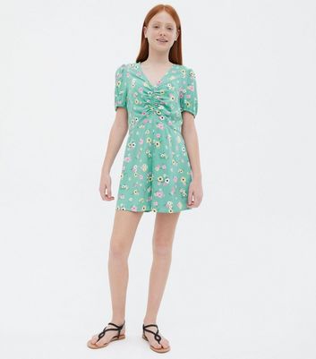 Girls Mint Green V Neck Ruched Playsuit New Look