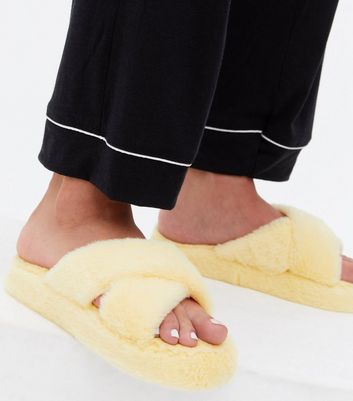 shop for Yellow Faux Fur Cross Strap Chunky Slider Slippers New Look Vegan at Shopo