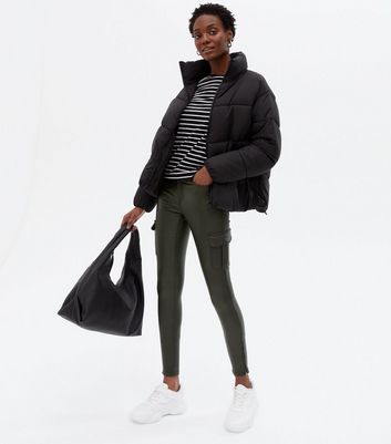 ONLY Dark Grey Leather-Look Utility Skinny Jeans