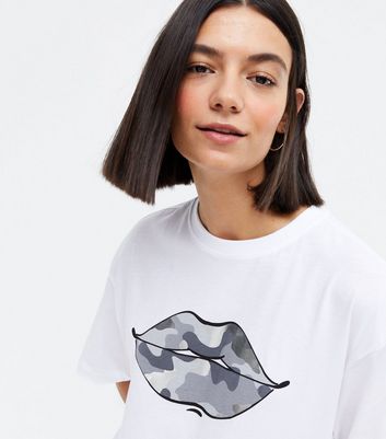 White Camo Metallic Lips Logo Oversized T Shirt New Look