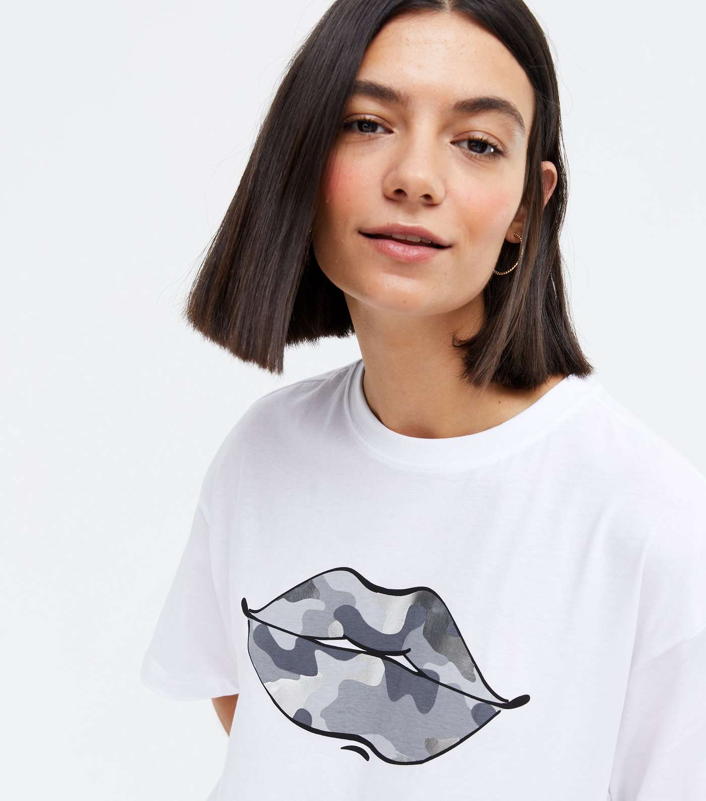 White Camo Metallic Lips Logo Oversized T-Shirt
