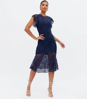 Little Mistress Navy Lace High Neck Frill Midi Dress New Look