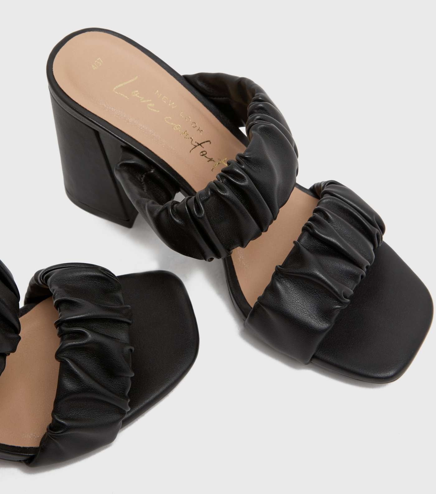 Black Ruched Double Strap Block Heel Mule Sandals Image 3