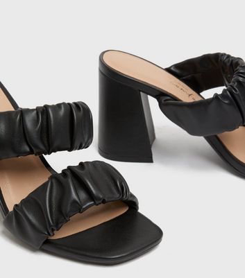 Black Ruched Double Strap Block Heel Mule Sandals | New Look