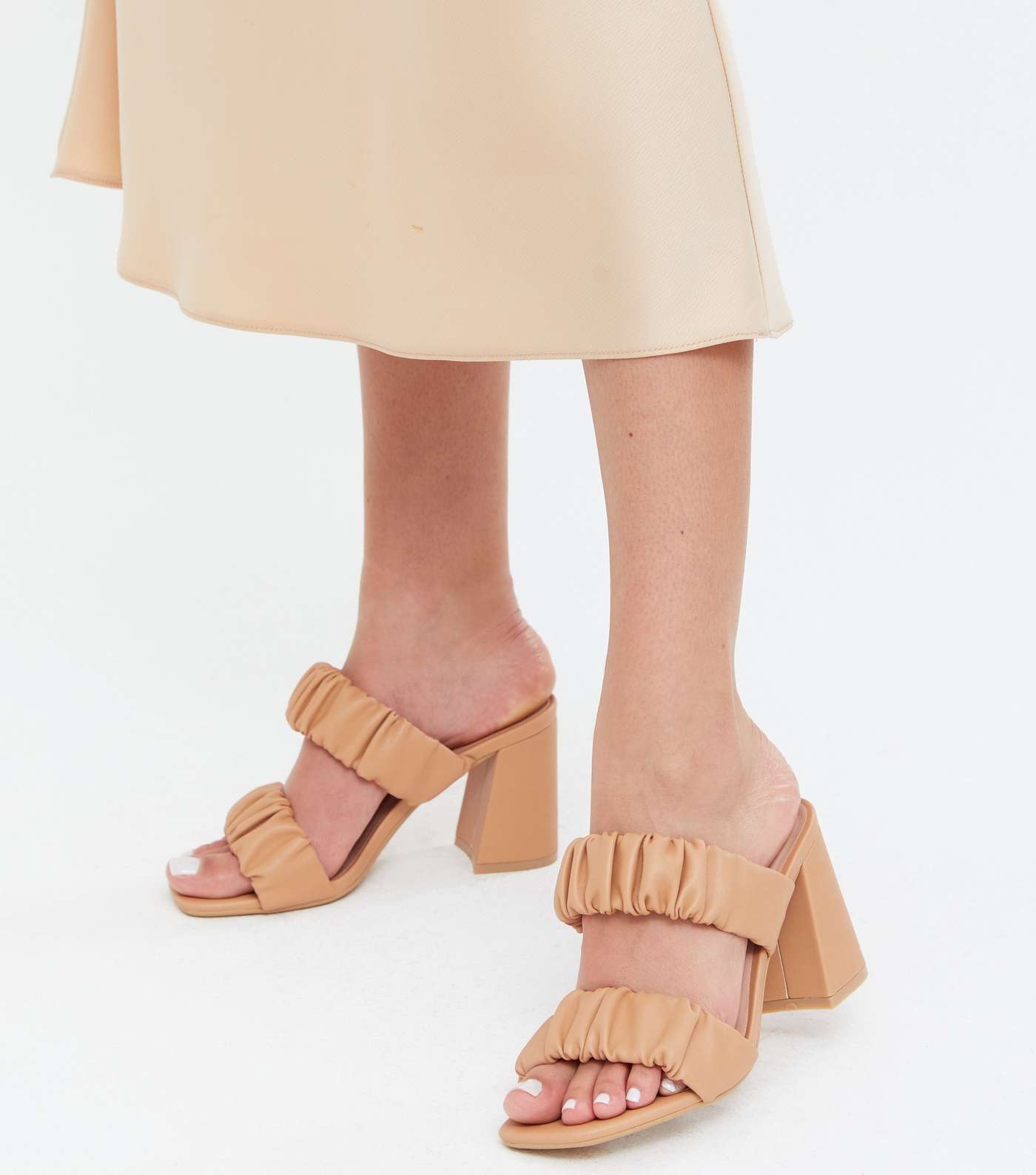 Camel Ruched Double Strap Block Heel Mule Sandals Image 2