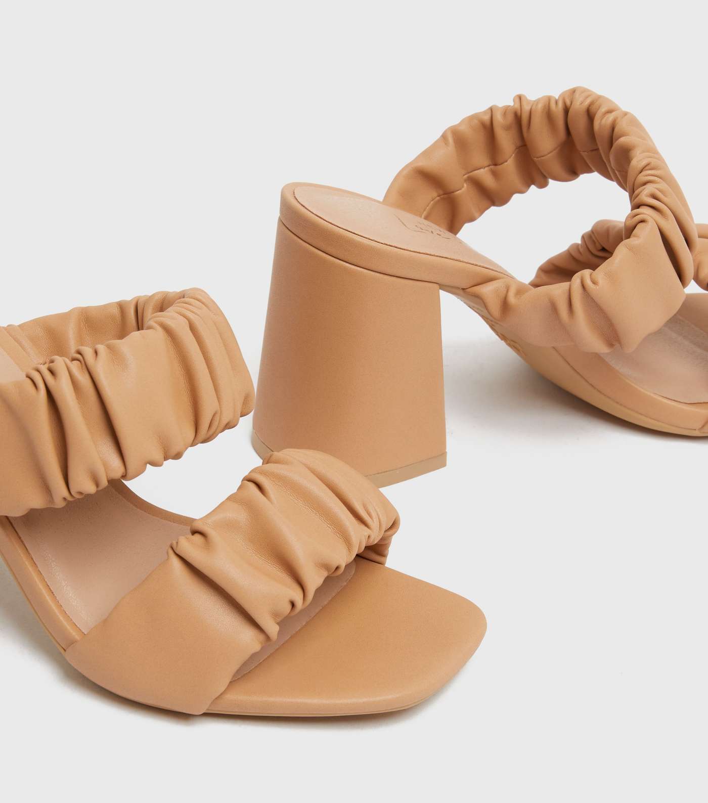 Camel Ruched Double Strap Block Heel Mule Sandals Image 4