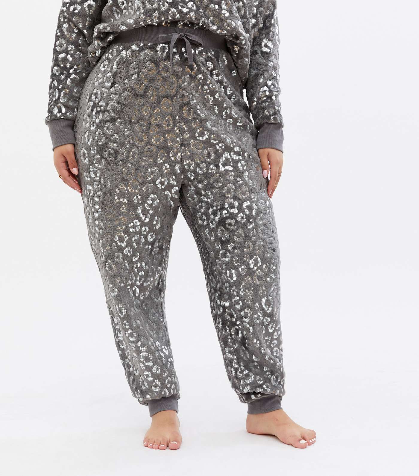 Curves Light Grey Metallic Leopard Print Pyjama Joggers Image 2
