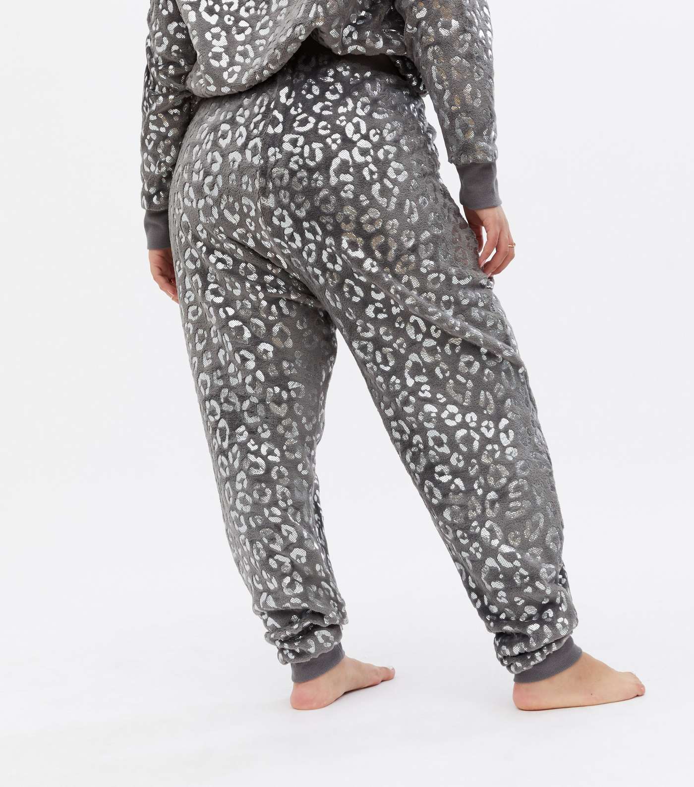 Curves Light Grey Metallic Leopard Print Pyjama Joggers Image 4
