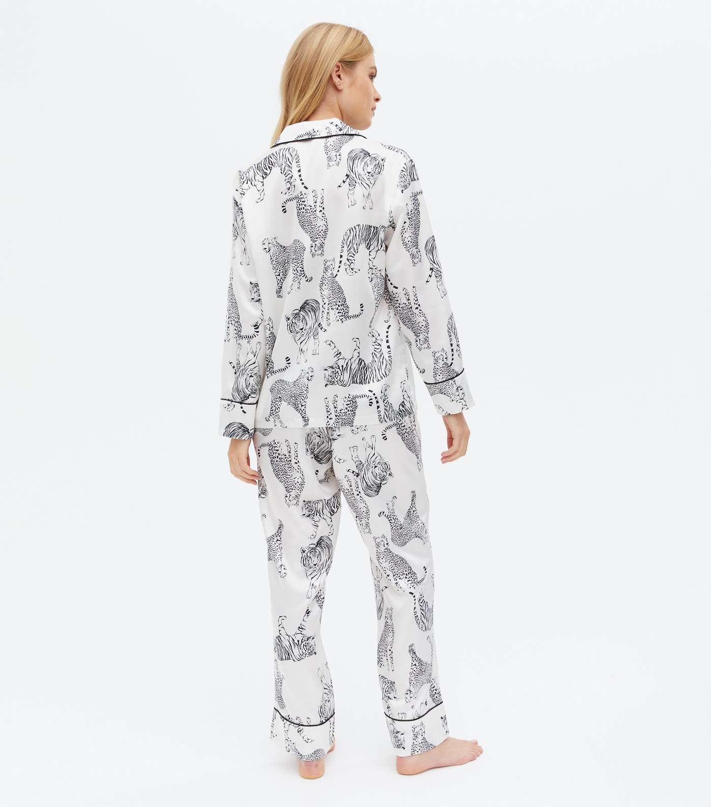 White Satin Shirt and Trouser Pyjama Set with Tiger Print Image 4