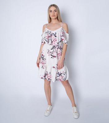 white floral cold shoulder dress