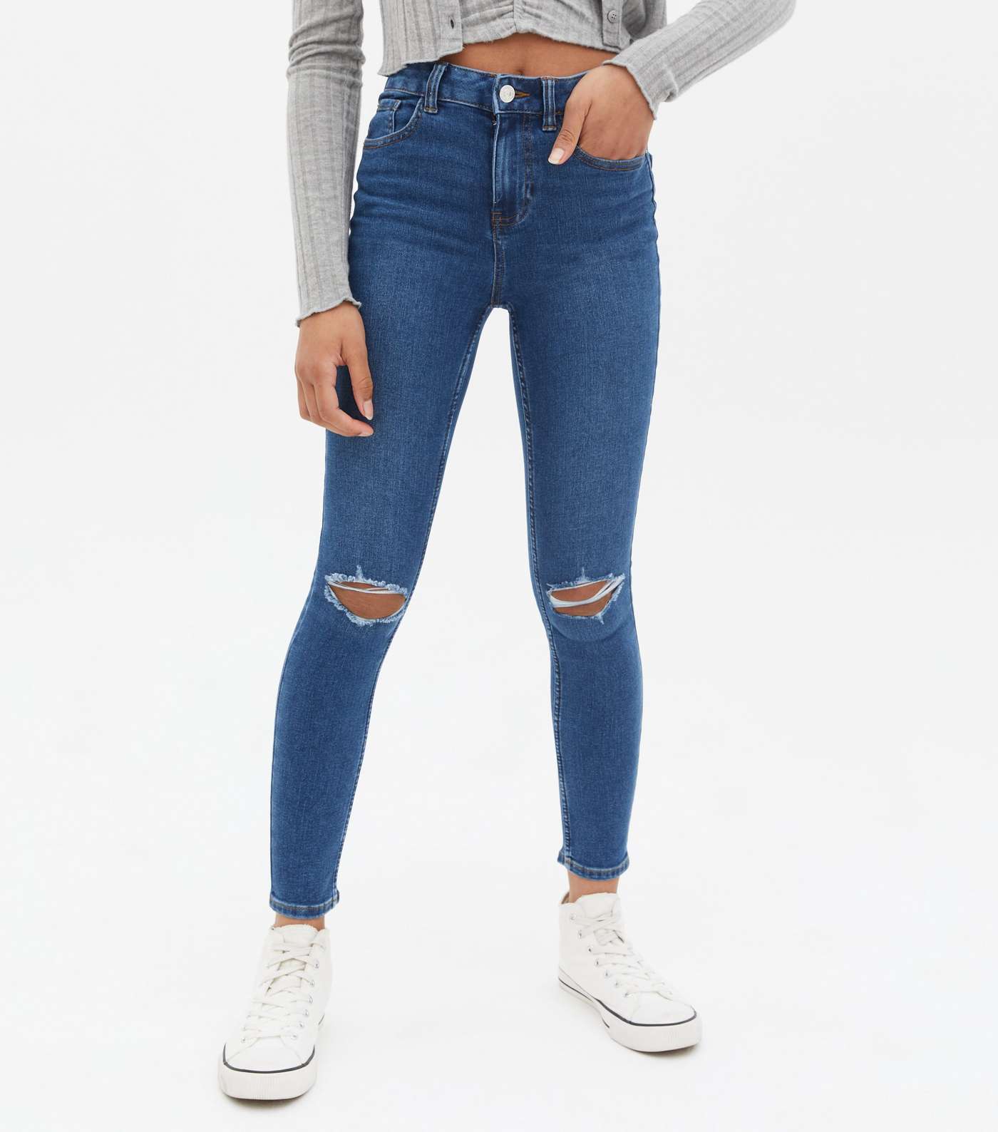 Girls Blue Ripped Knee High Rise Ashleigh Skinny Jeans Image 2