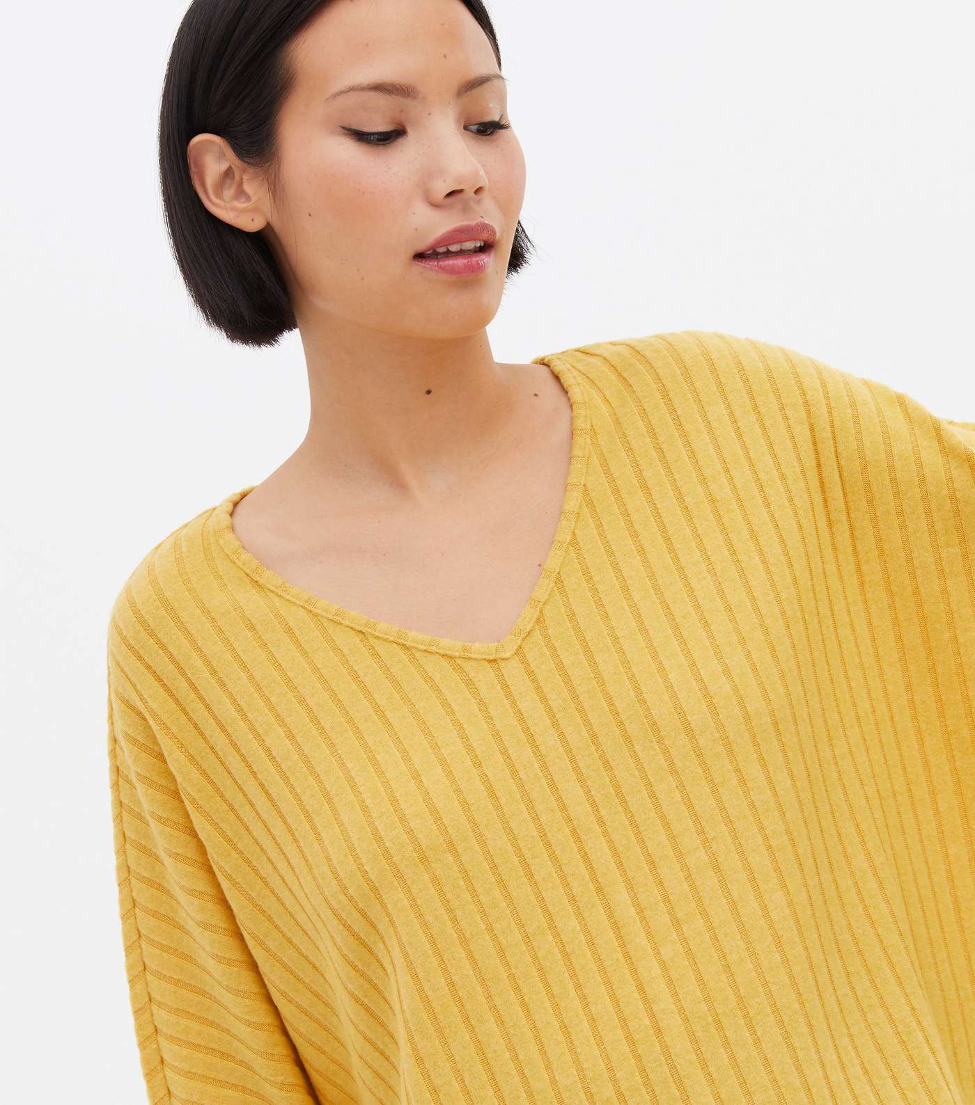 Mustard Brushed Fine Knit V Neck Top Image 3