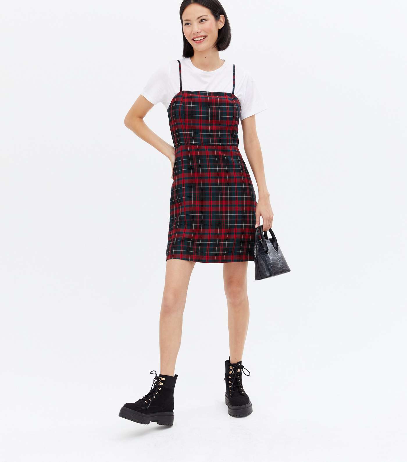 Red Check Square Neck Strappy Pinafore Dress Image 2