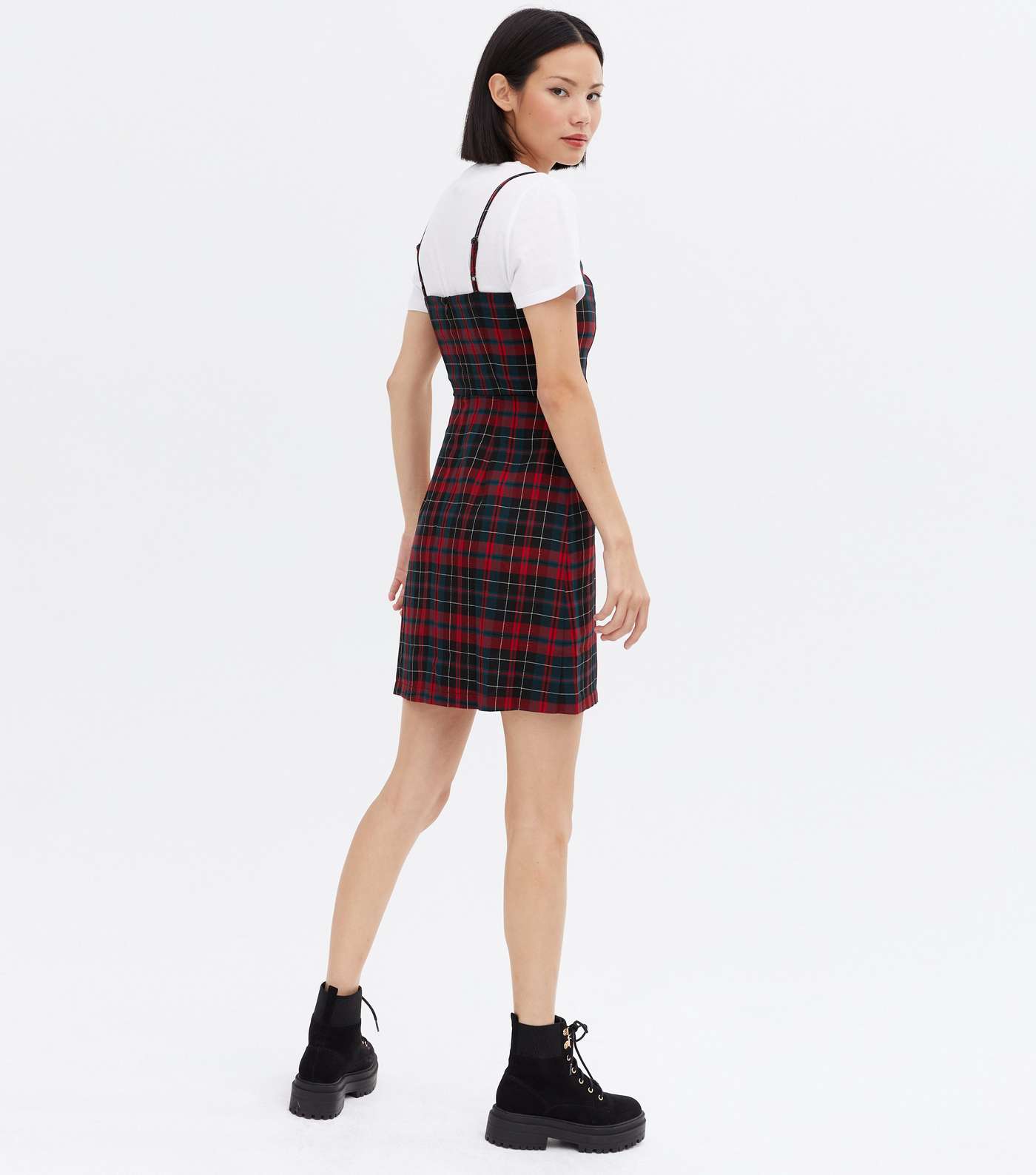 Red Check Square Neck Strappy Pinafore Dress Image 4