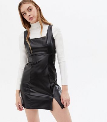 Black Leather-Look Square Neck Pinafore Dress | New Look
