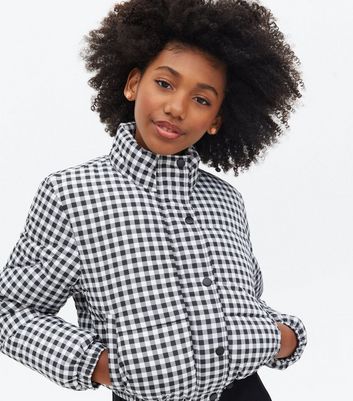 Girls Black Gingham High Neck Puffer 