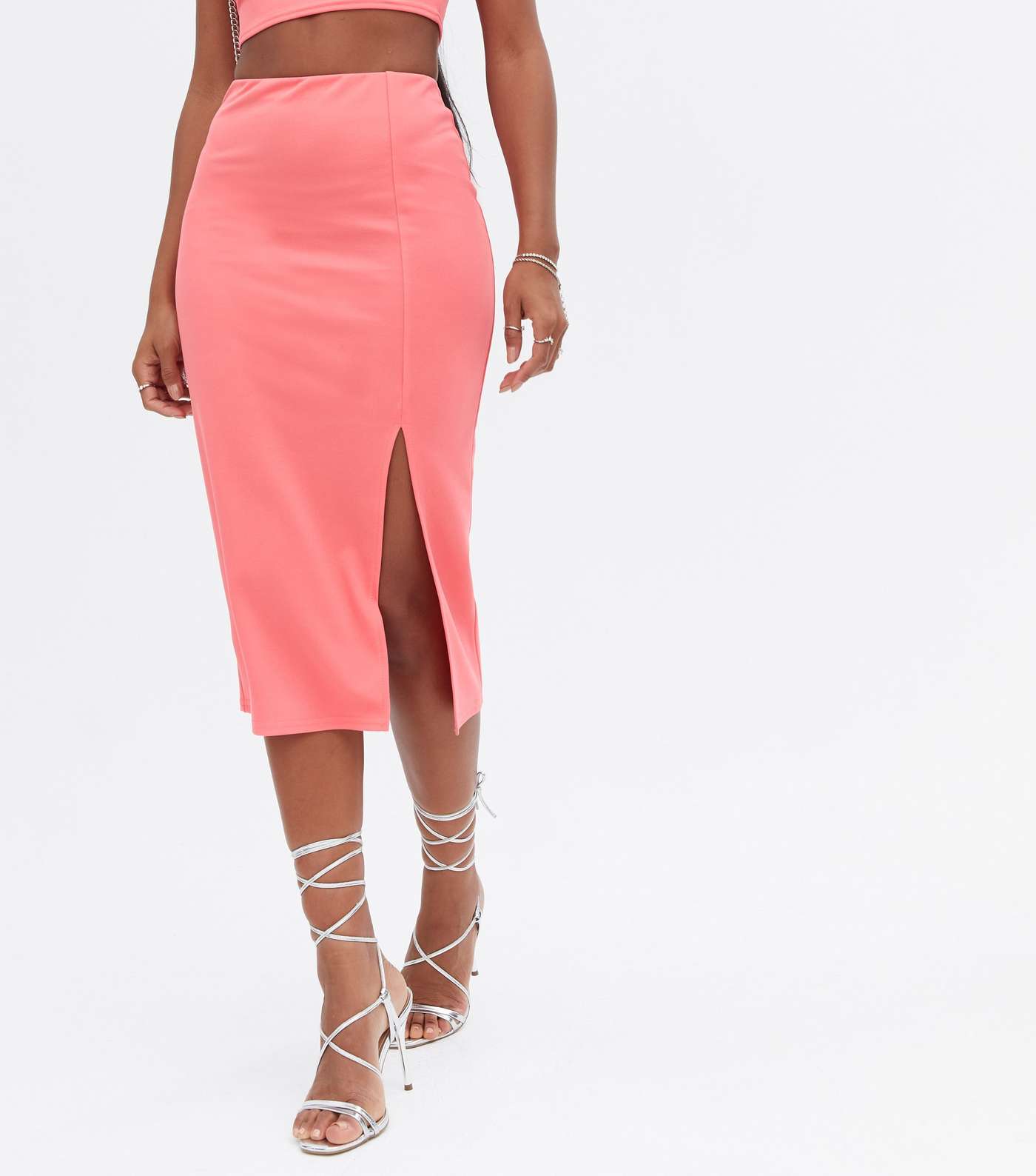 Pink Scuba Crop Top and Split Hem Midi Skirt Set Image 3