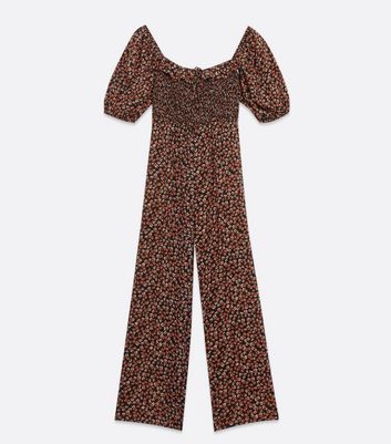 Black Ditsy Floral Shirred Square Neck Jumpsuit | New Look