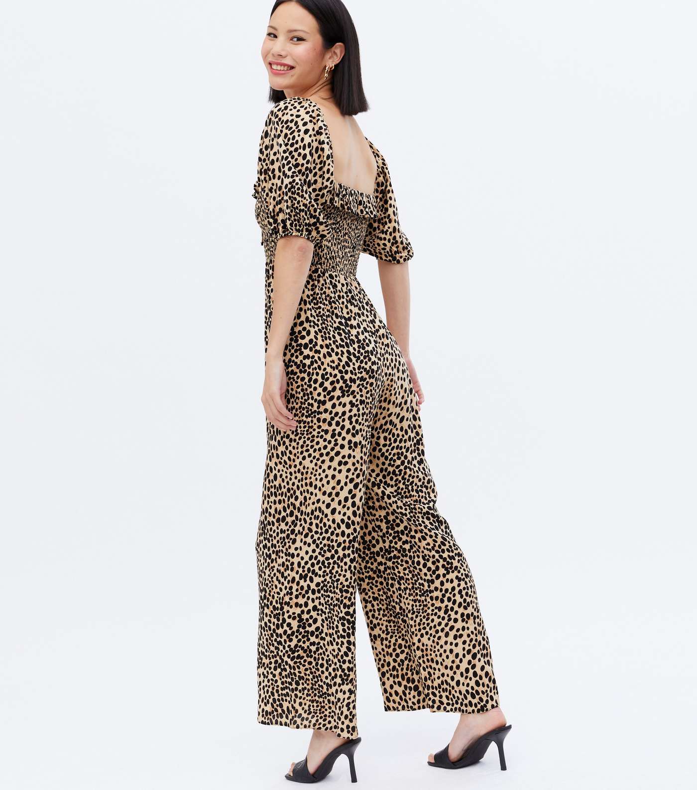 Brown Leopard Print Shirred Ruffle Jumpsuit Image 4