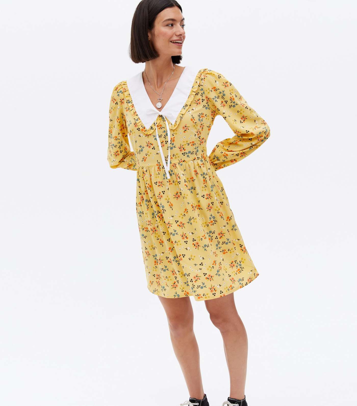 Mustard Ditsy Floral Collared Long Sleeve Mini Dress