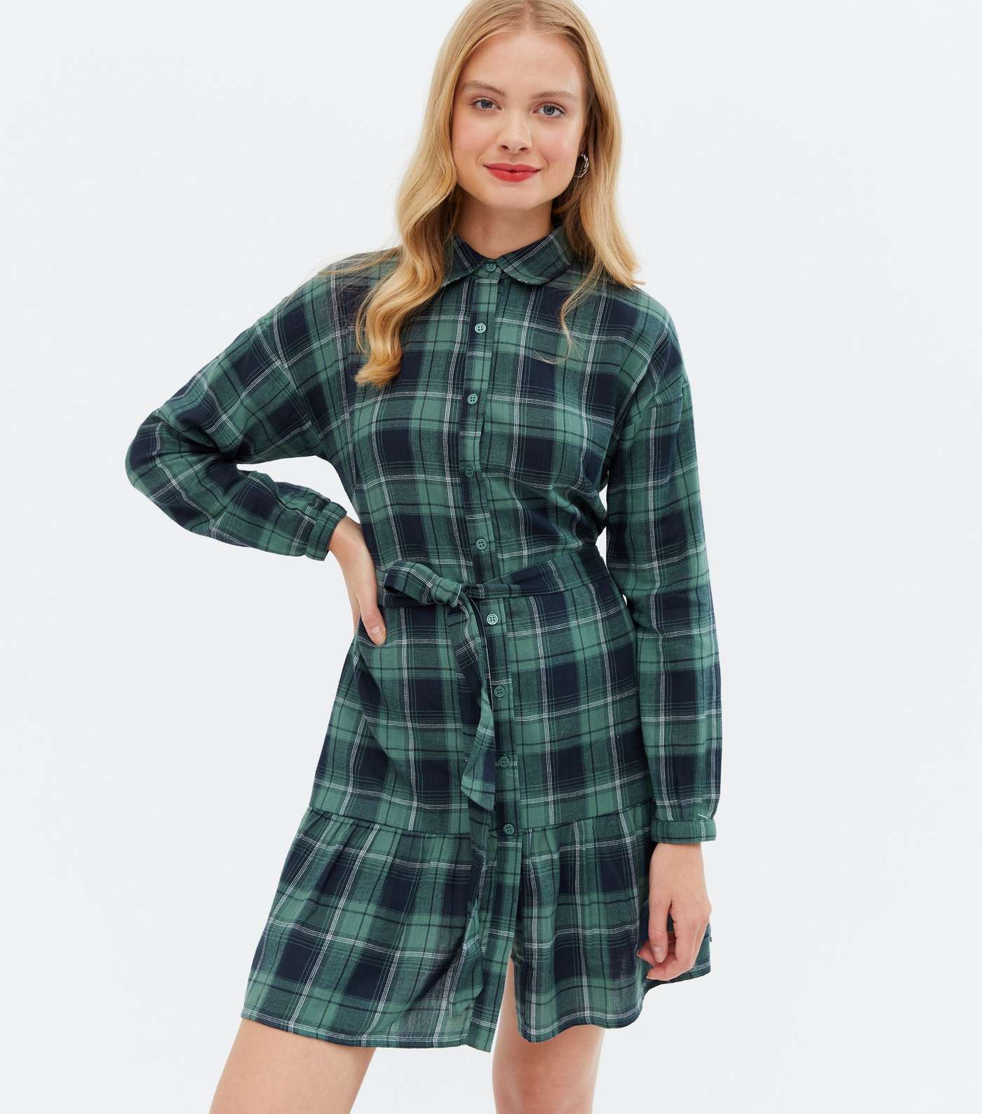 Green Check Tie Front Mini Shirt Dress