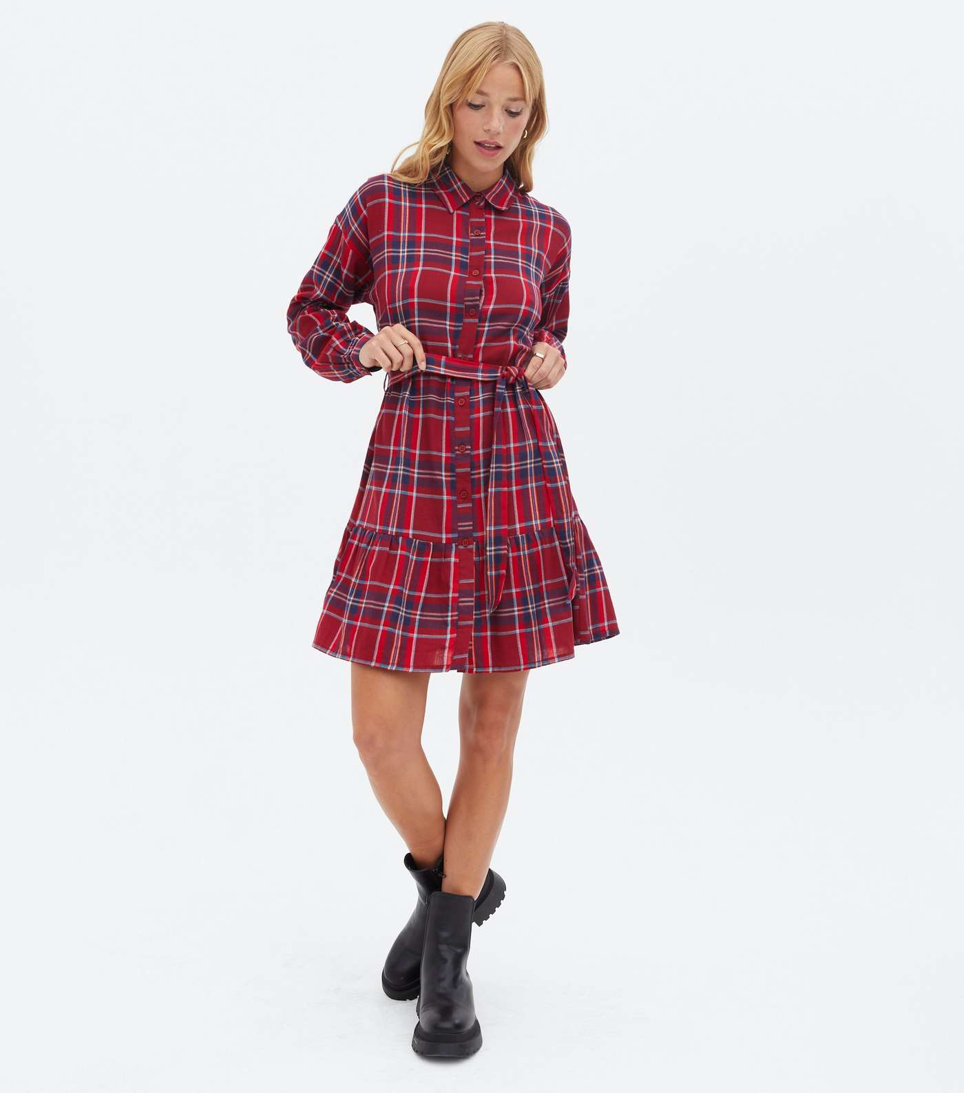 Red Check Tie Front Mini Shirt Dress Image 2