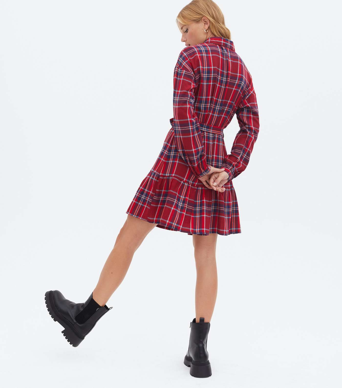 Red Check Tie Front Mini Shirt Dress Image 4